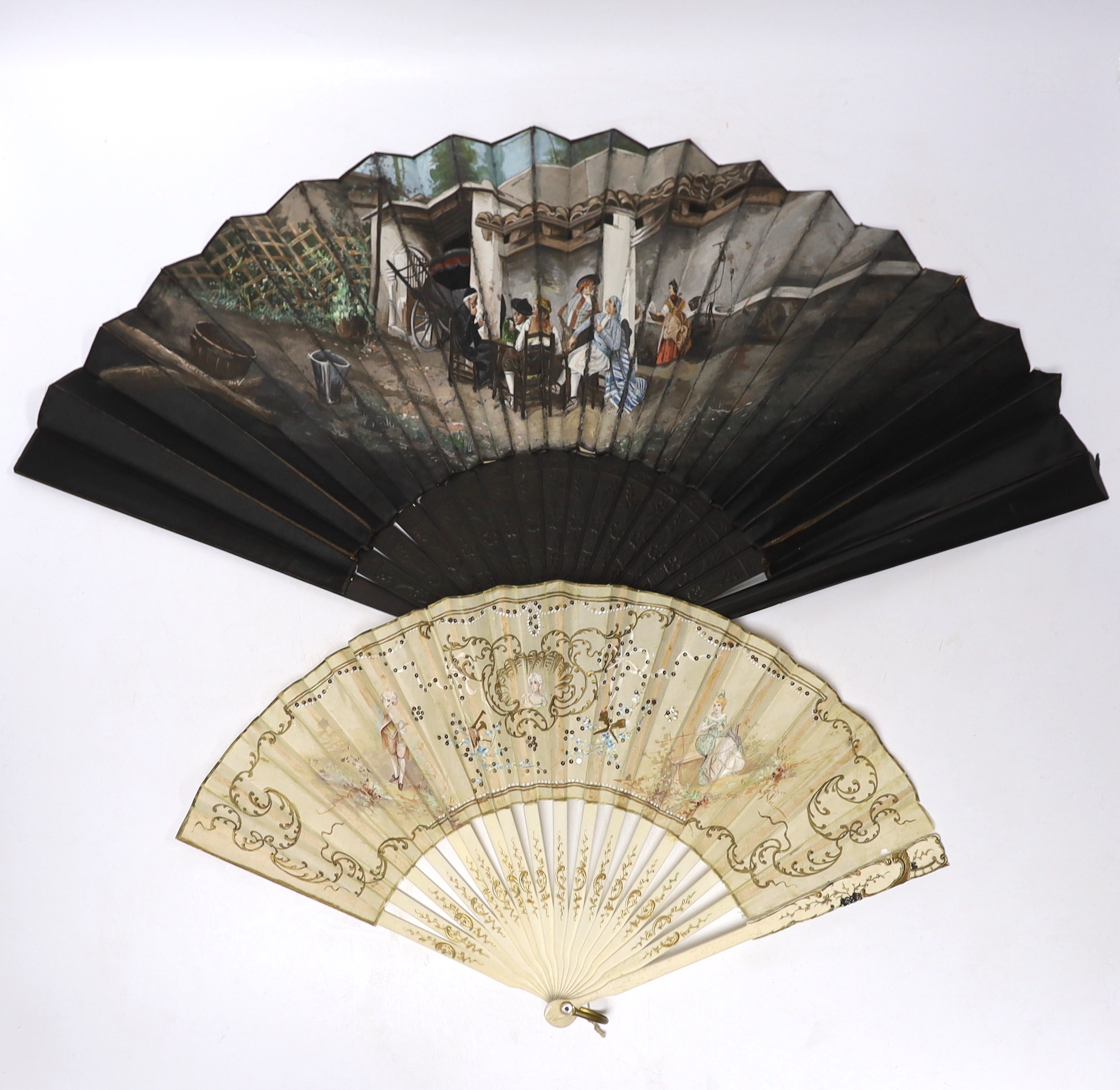 A French 19th century bone and sequin fan and a Spanish figurative leaf fan with ebony guards